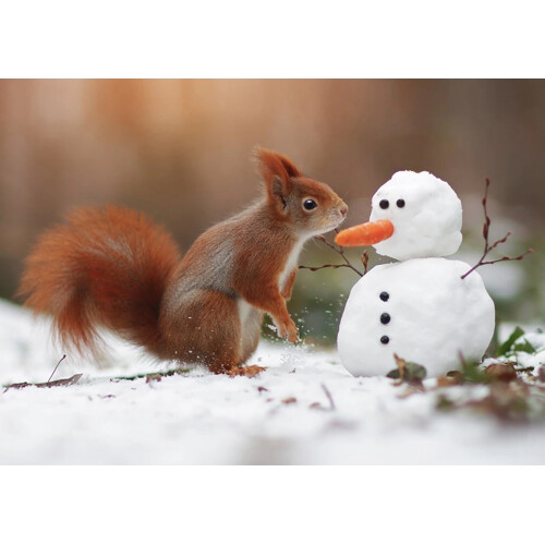 3D pohlednice Squirrel & Snowman (Veverka a sněhulák)