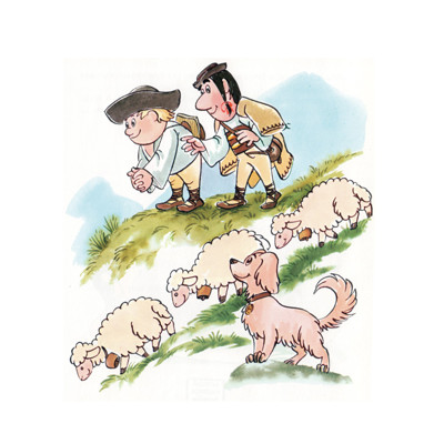 postcard MAŤKO a KUBKO (with sheeps on a hillside) / ONDRA a JURA (with sheeps...